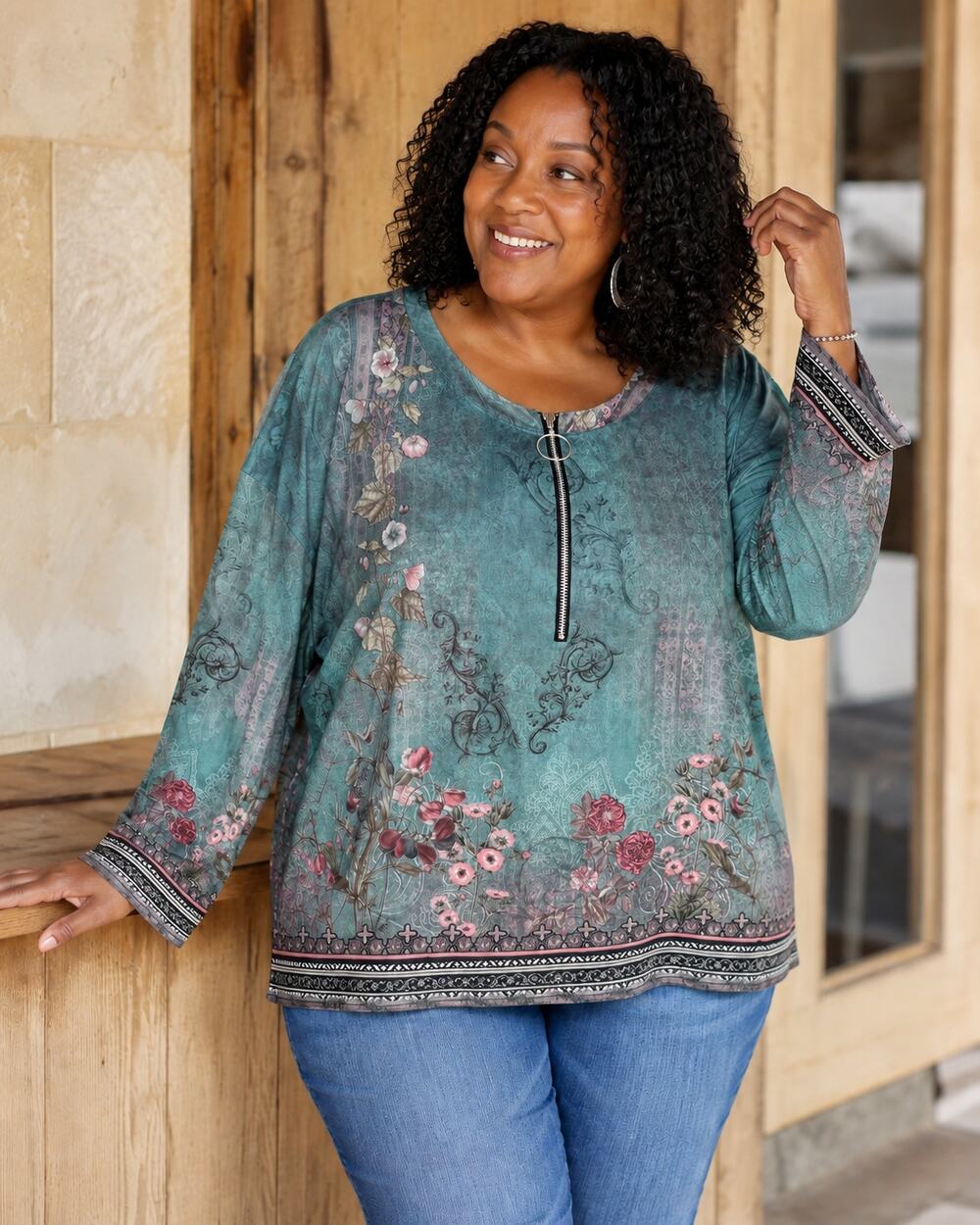 Flamingals Floral Paisley Border Print Zip Front Top 3XL 16/18 NWT